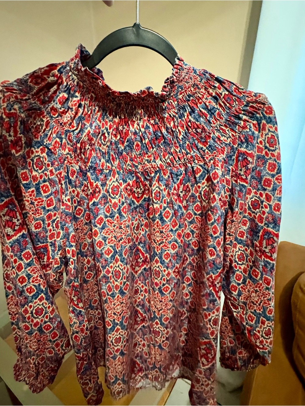 Smocked Mock Neck Blouse - Red & Blue Medallion Border Print Boho Vibe